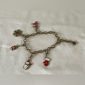 Vintage Christmas charm bracelet, gold tone, removable, charms